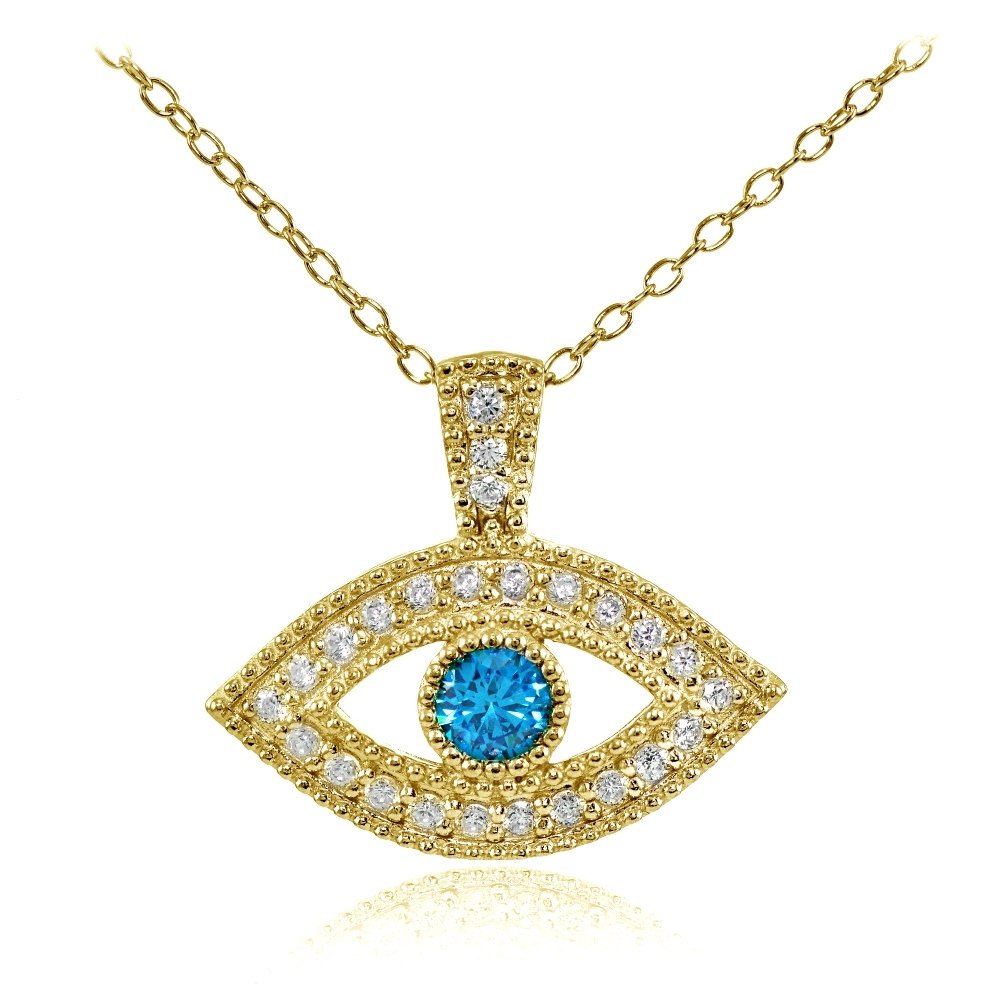 Hoops & Loops 925 Sterling Silver London Blue Cubic Zirconia Evil Eye Necklace for Women, Silver, Yellow Gold & Rose Gold