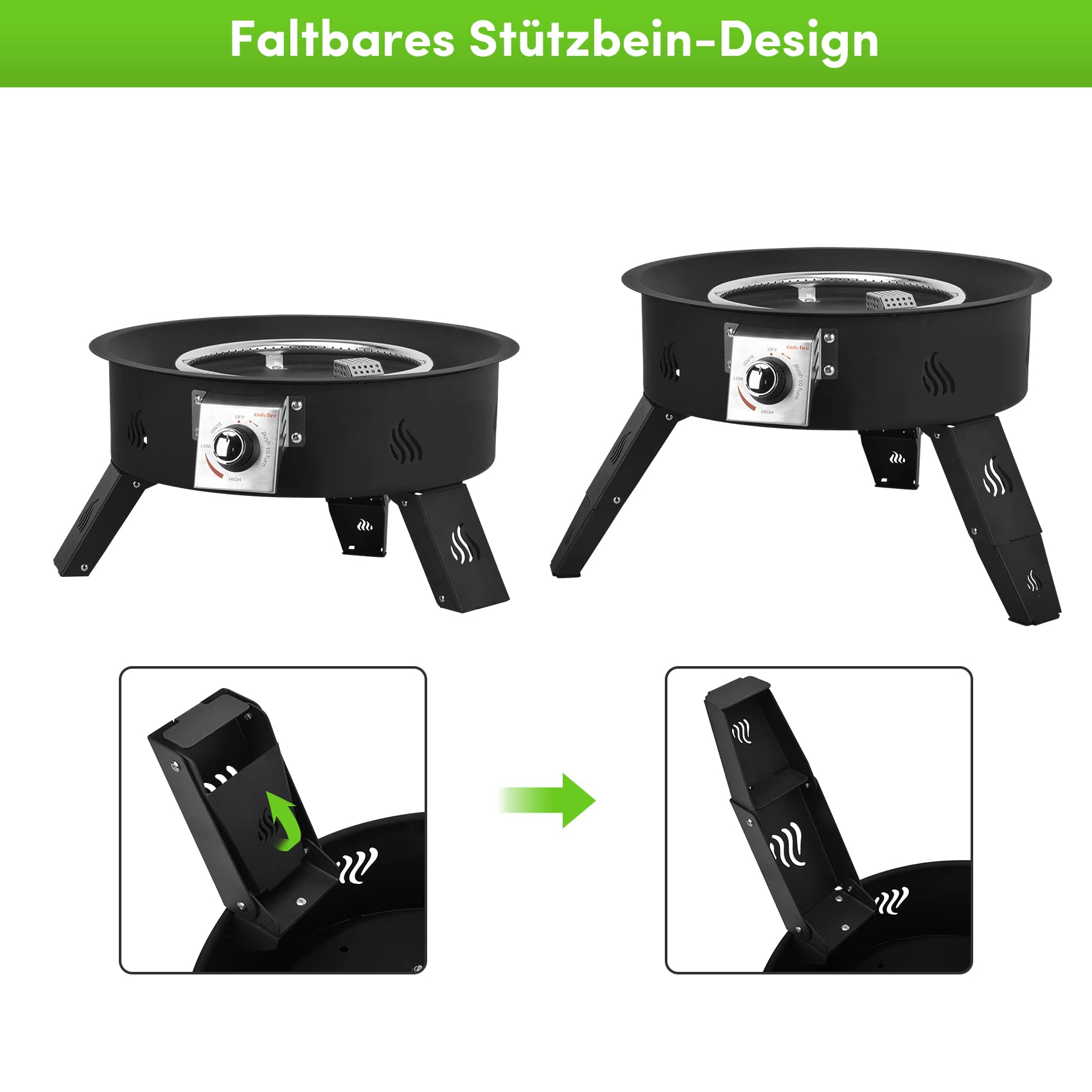 Onlyfire Tragbare Gas-Feuerstelle mit 4kg Lavastein, Ø 49 cm Outdoor Feuerstelle Gas mit höhenverstellbarem Fuß, Feuerschalen für Camping Lagerfeuer Picknick Hinterhof
