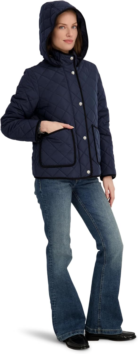 TAHARI Women's Rosie Hooded Quilted Jacket – Water-repellent Short Coat Detachable Hood