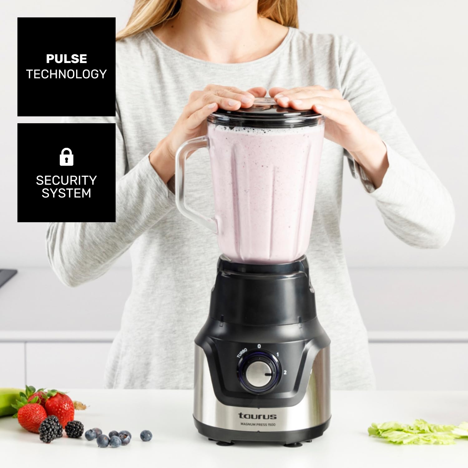 Taurus – Batidora vaso Magnum Press 1500 | Jarra cristal 1,5L | 1500W | 2 velocidades+Turbo | Cuchillas 4 filos Inox | Pica Hielo | Sistema bloqueo