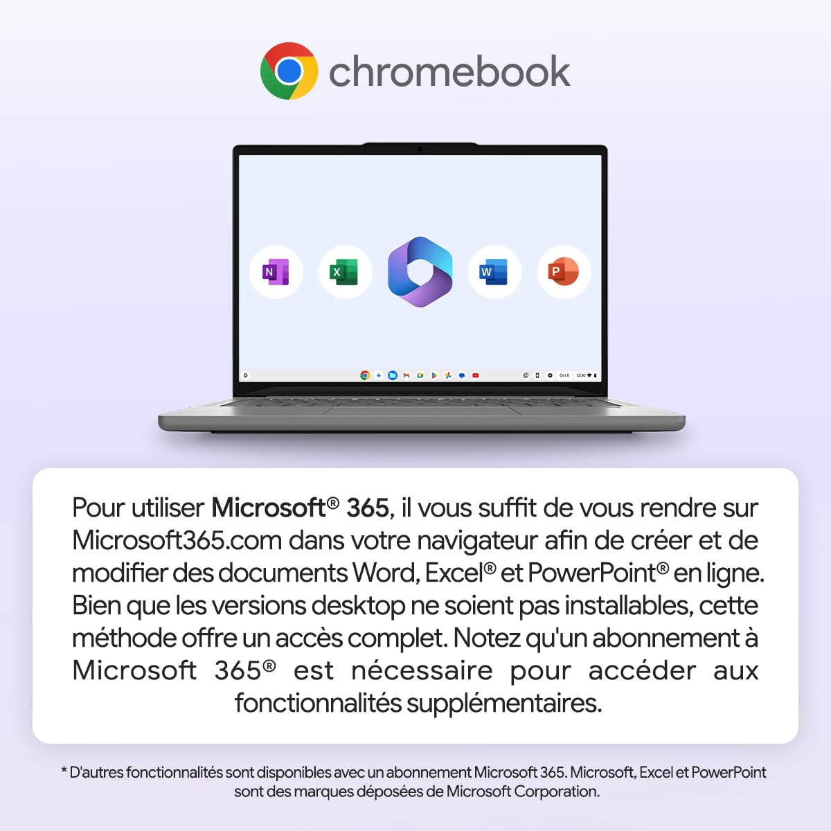 Vue de face du Lenovo IdeaPad Slim 3 Chromebook 14M868, montrant son écran FHD et son design fin.