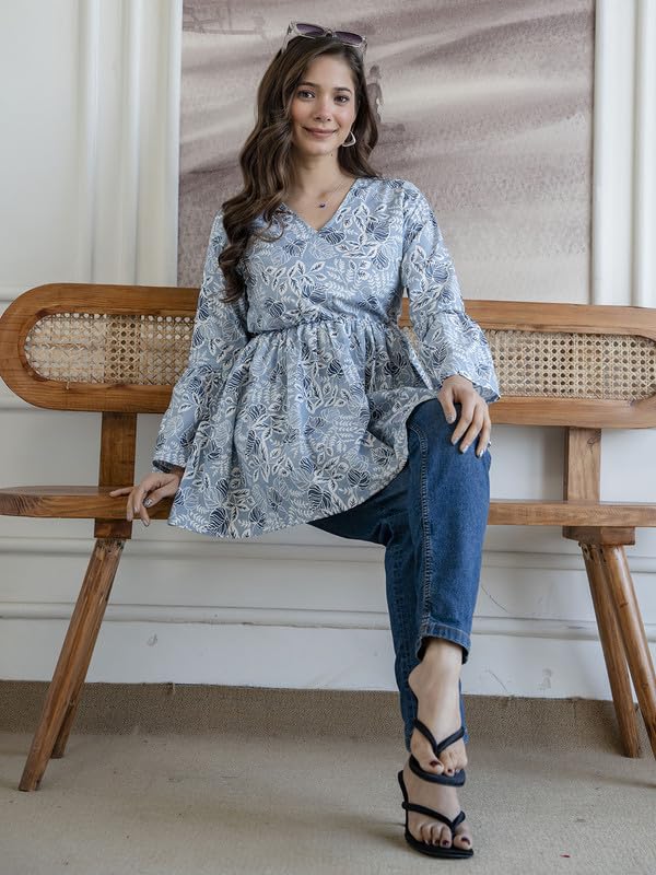 Image of AHMI New Cotton Floral Printed Flared Casual Tunic Kurta for Women | Women Tunic Top