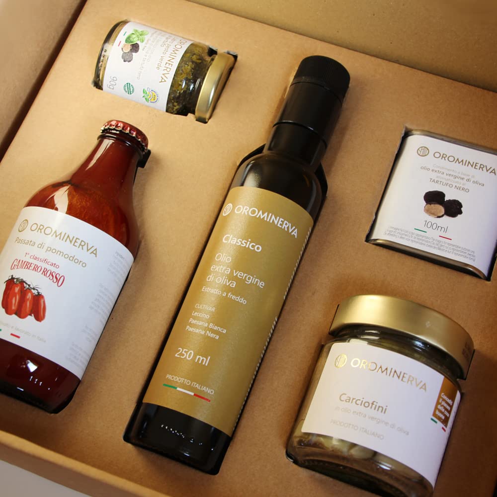 OROMINERVA - Box Gusto al tartufo - Confezione regalo alimentare con prodotti tipici, specialità italiane: olio EVO, sottoli, passata di pomodoro, pesto e olio al tartufo