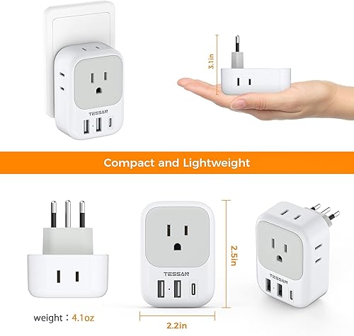 Miniatura 7 de TESSAN - Adaptador de enchufe para Italia, paquete de 2 unidades, adaptador de corriente con 4 tomacorrientes, 3 cargadores USB (1 puerto USB C),