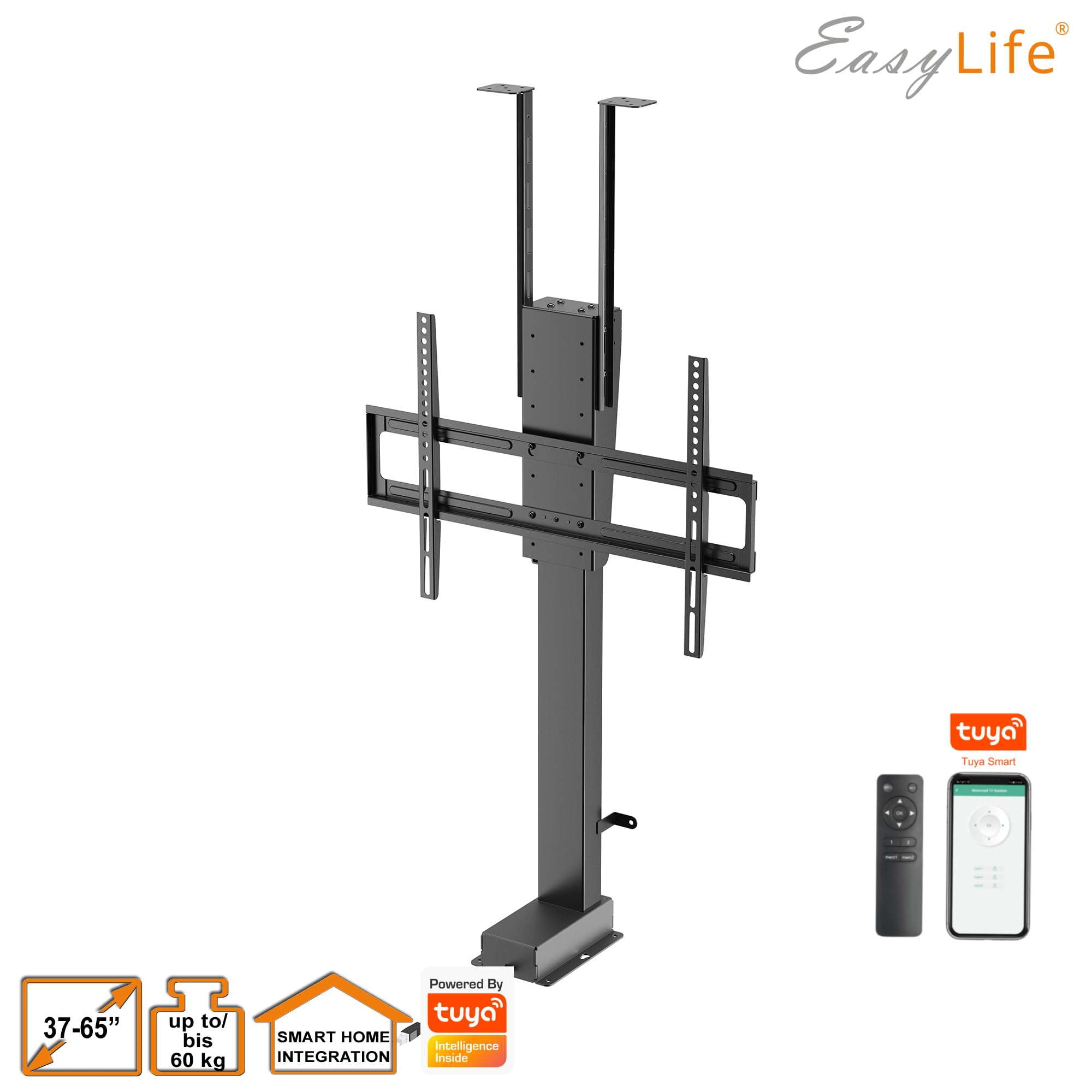 EasyLife zmotoryzowany podnośnik do telewizora do montażu na podłodze, suficie i szafie – elektrycznie wysuwalny i opuszczany, sterowanie Smart Home w zestawie z pilotem zdalnego sterowania, 37–65