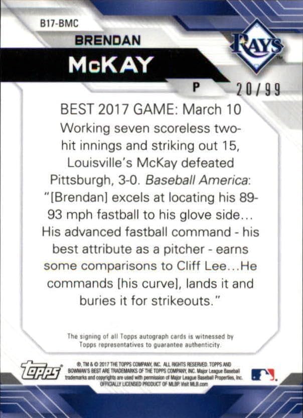 2017 Bowman's Best Autograph Green Refractor #B17BM Brendan McKay RC AUTO 20/99 Trading Card