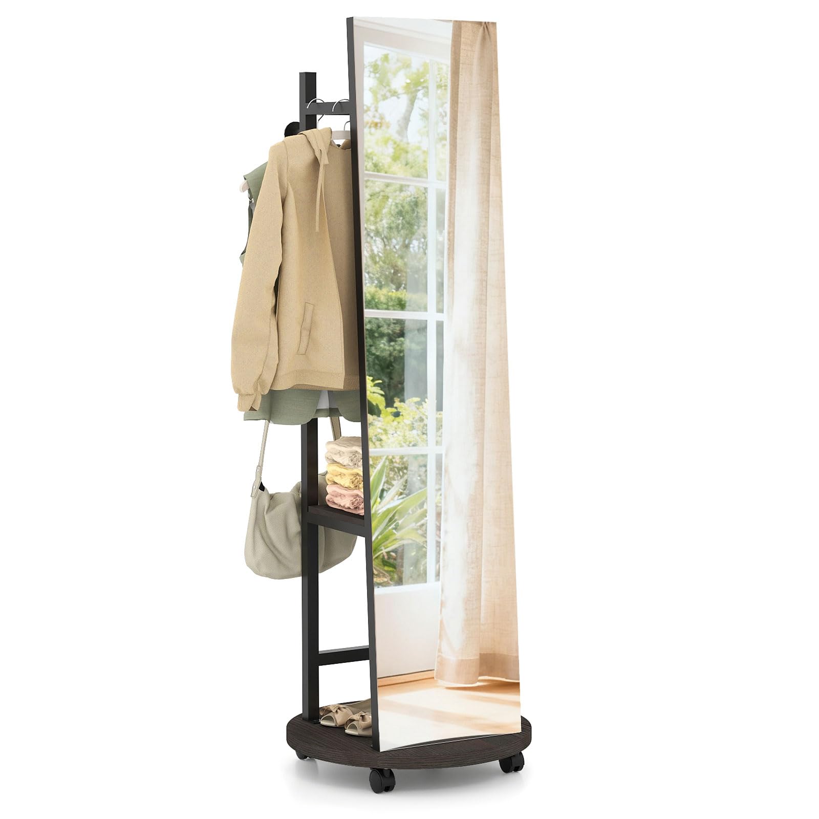 GIANTEX Specchio a figura intera, specchio da terra con appendiabiti, 45 x 135 cm, grande specchio con vetro infrangibile, ganci, ripiani, ruote, per ingresso, soggiorno, camera da letto (nero+noce)