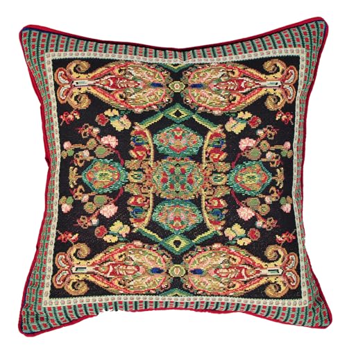 AureoMadis Decorative Woven Jacquard Throw Pillow Covers 18x18 Inches, Luxury Ethnic/Paisley Cushion Cover with Red Piping and TC Fabric Back, Black Multi-Color Square Pillowcase Shell Only