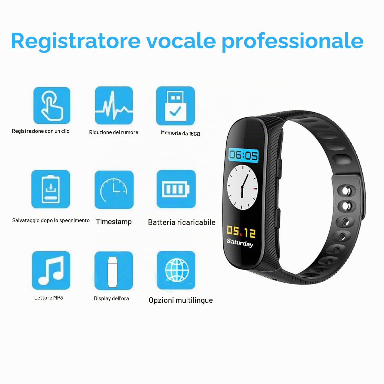 Registratore Vocale Bracciale 16GB Registratore Vocale Professionale con Attivazione Vocale e Lettore MP3 Orologio con Registratore Vocale Ricaricabile USB per Riunioni Interviste Lezioni