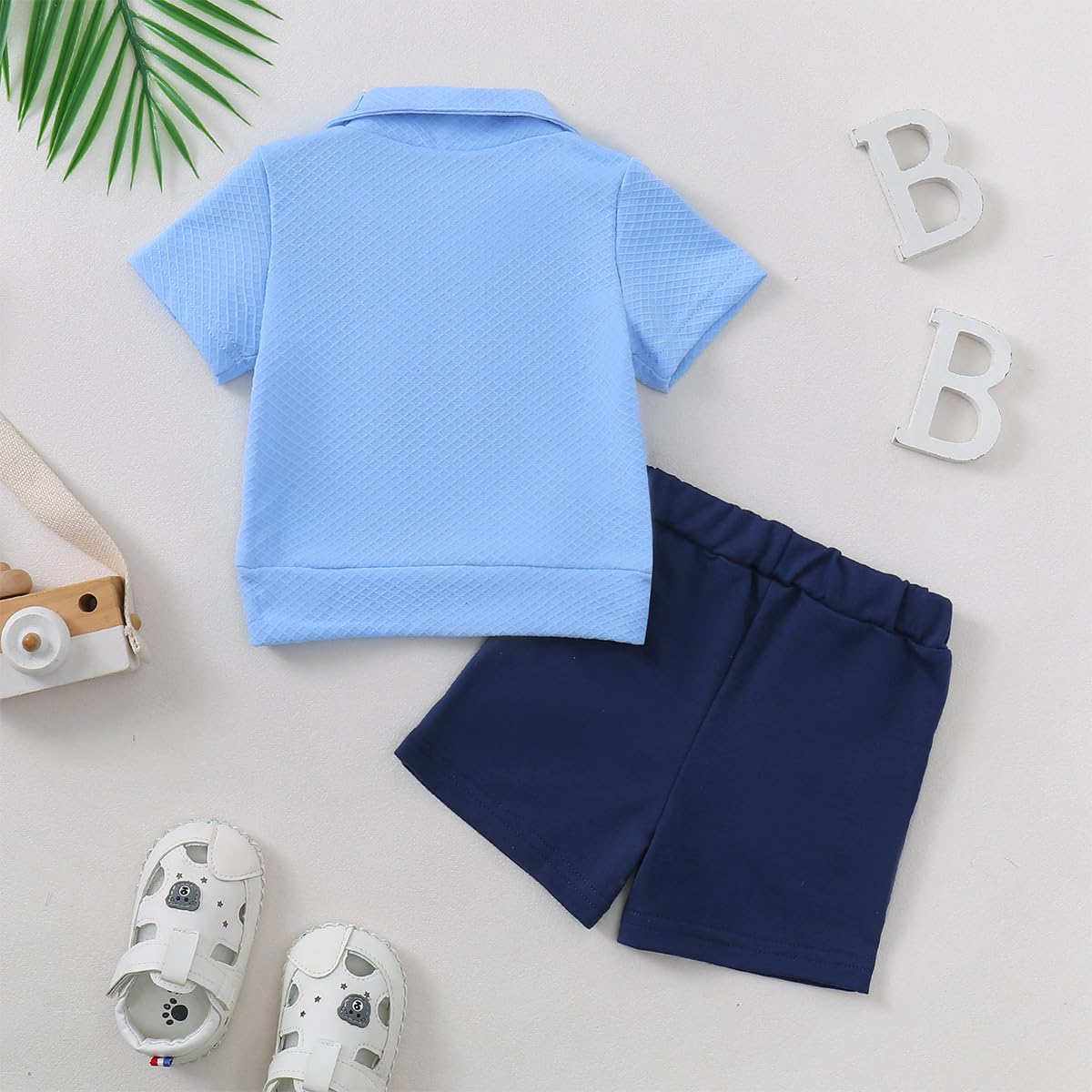 Abbigliamento Set per Bambini Piccoli Manica Corta Colletto Rovesciato Tinta Unita/Stampato Maglietta E Pantaloncini Completo Tuta Set Estivo - 3