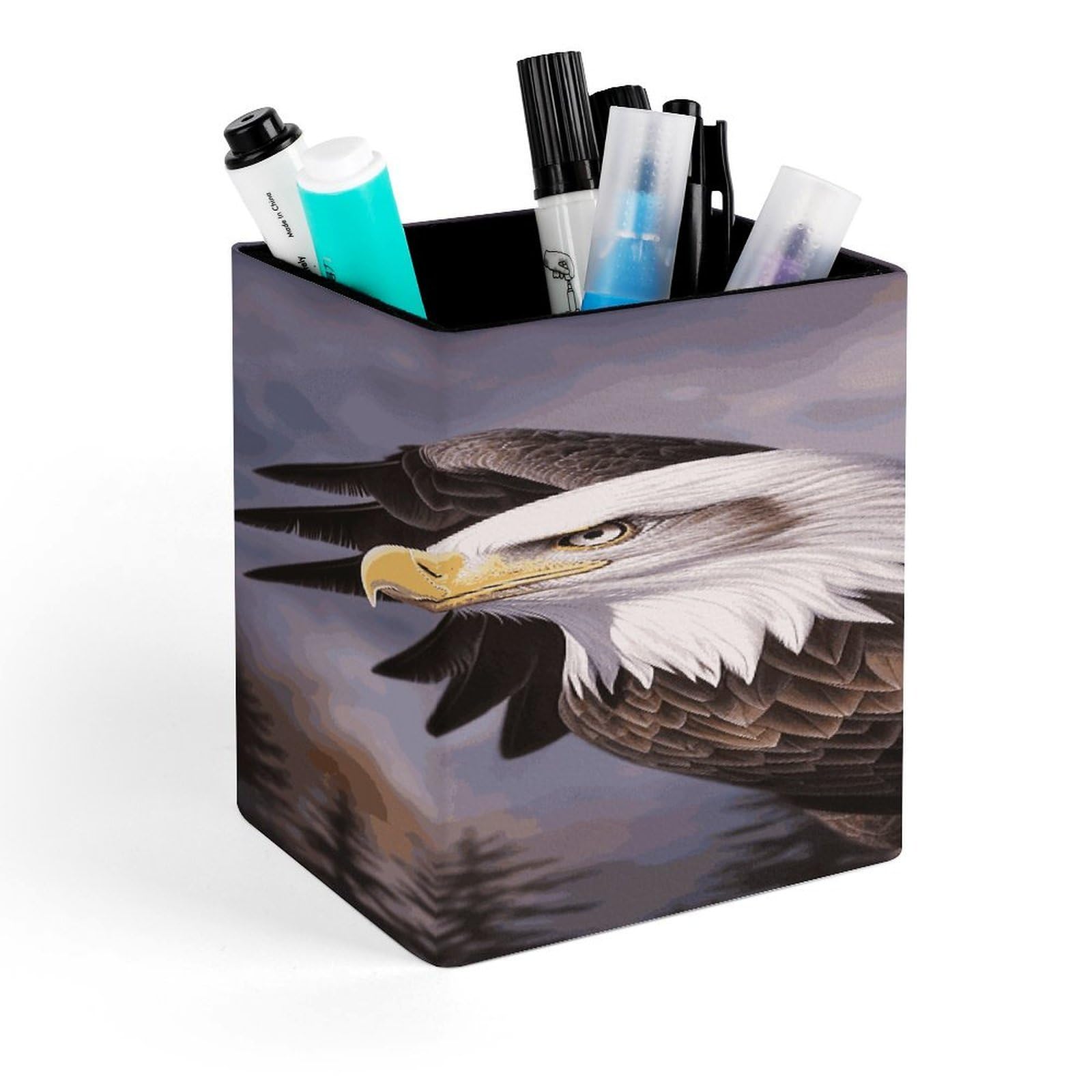 FekiLoot Bald Eagle Pencil Holder for Desk Square Leather Pen Holder Cup Desktop Organizer Multi-Functional Pencil Cup Holders Modern Decorative Desk Organizer Caddy Makeup Brush Holders