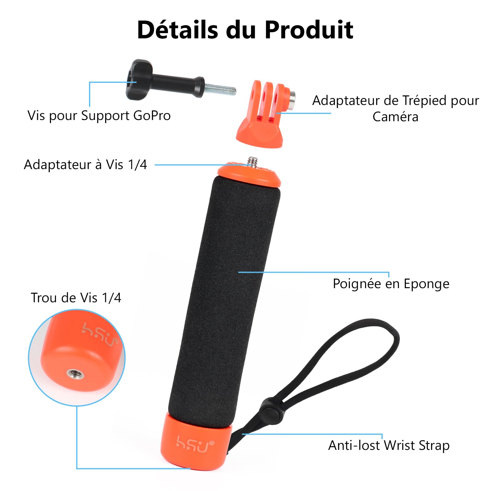 HSU Poignée flottante pour caméra d'action, monopode étanche, accessoire pour Hero 13/12/11/10/9/8/7/6/5/4/3, Insta360 X4/X3/X2