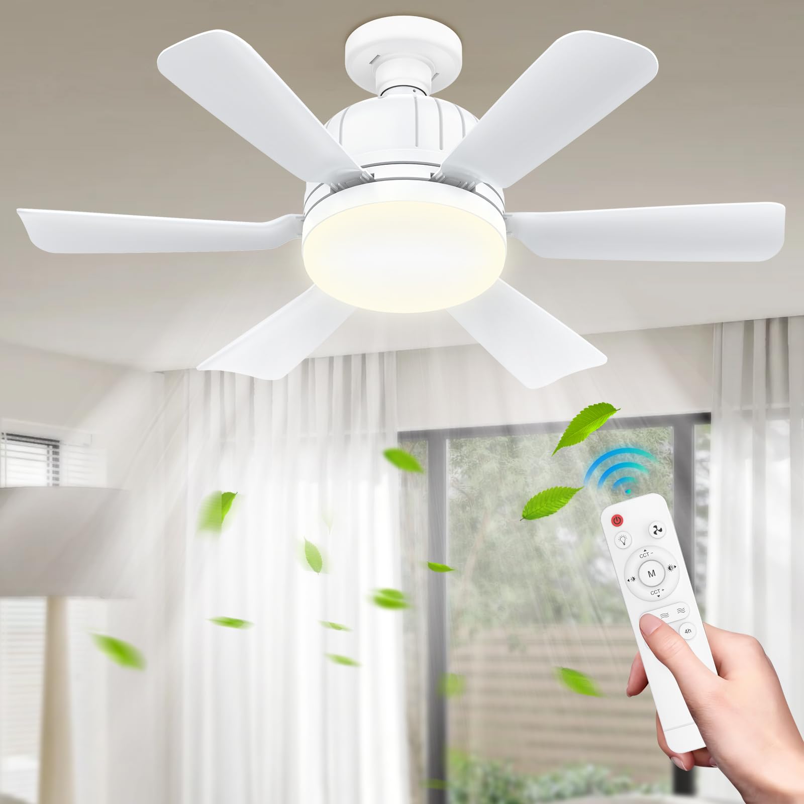 JDKJAG 46cm E27 Ceiling Fan with Light and Remote, 40W Small Ceiling Fan Light with 6 Blade, 2H/4H Timer, Ceiling Fans Lamp, 3 Speeds & 3 Colour Temperatures, Quiet Fan for Bedroom (A)
