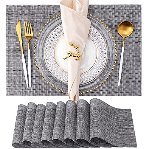 HGMO Placemats Set of 8 Washable Indoor/Outdoor Vinyl Place Mats for Dining Table PVC Weave Table Mats(Dark Gray)