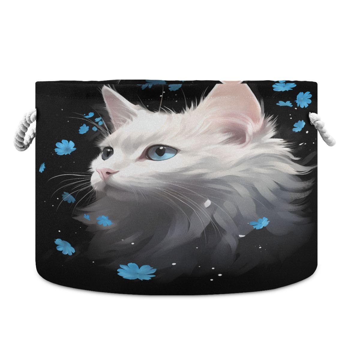 Round Storage Basket White Cat with Little Blue Flowers Open Home Storage Bin 20 * 13.9in