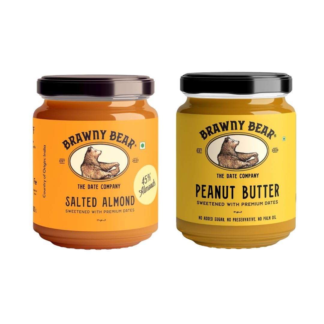 Brawny Bear Peanut Butter & Almond Butter (Salted) Combo, 100% Natural Sweetened with Dates, Healthy, No Added Sugar & Preservative, No Palm Oil, Pack of 2-400 gm (200g each) (B0D96CGQVP) Amazon Price History, Amazon Price Tracker
