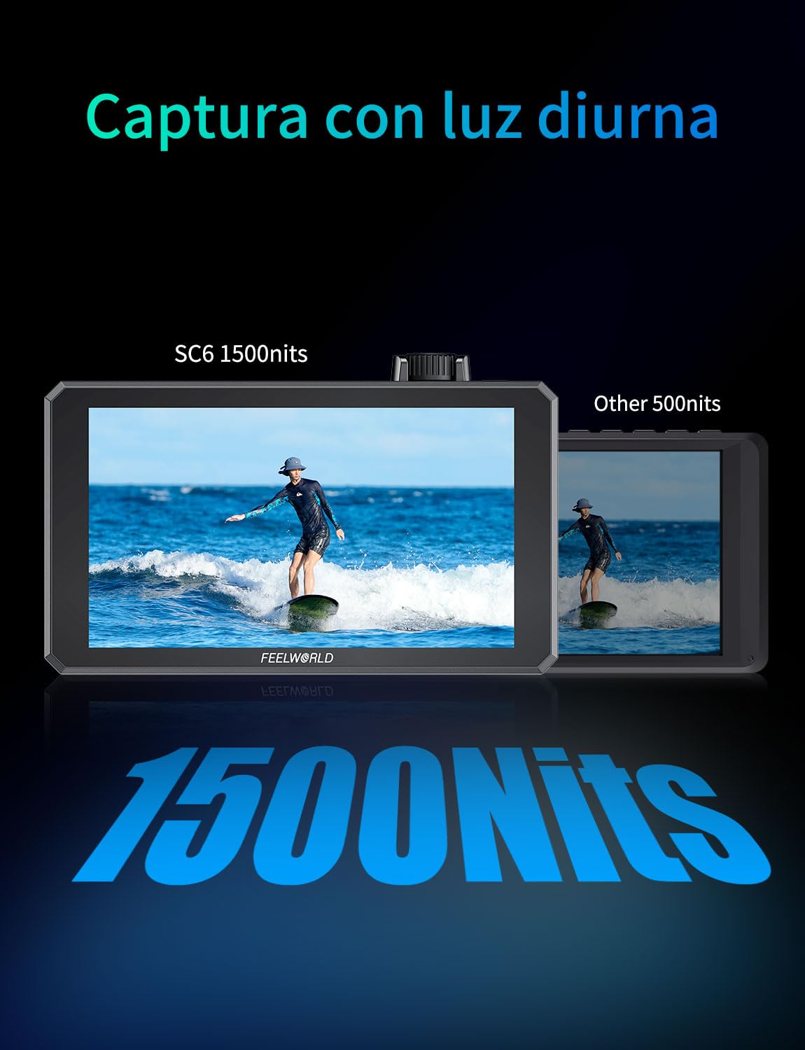 FEELWORLD SC6 Monitor de Campo 6 Pulgadas 1500nit 3G-SDI FHD Pantalla Táctil Aluminio c/Batería NP-F750, Ent/Sal 4K HDMI 60Hz, 3D LUT, HDR, Perilla Multifunción – para Cineastas y Rodajes Exteriores