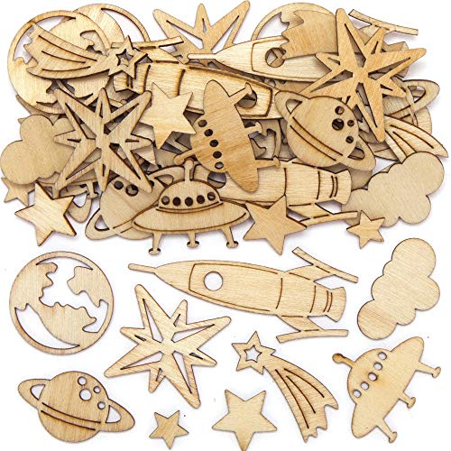 Baker Ross AX318 Decoraciones De Madera Con Forma De Espacio Profundo - Paquete De 45, Suministros Para Hacer Tarjetas, Ideal Para Proyectos De Manualidades Para Niños