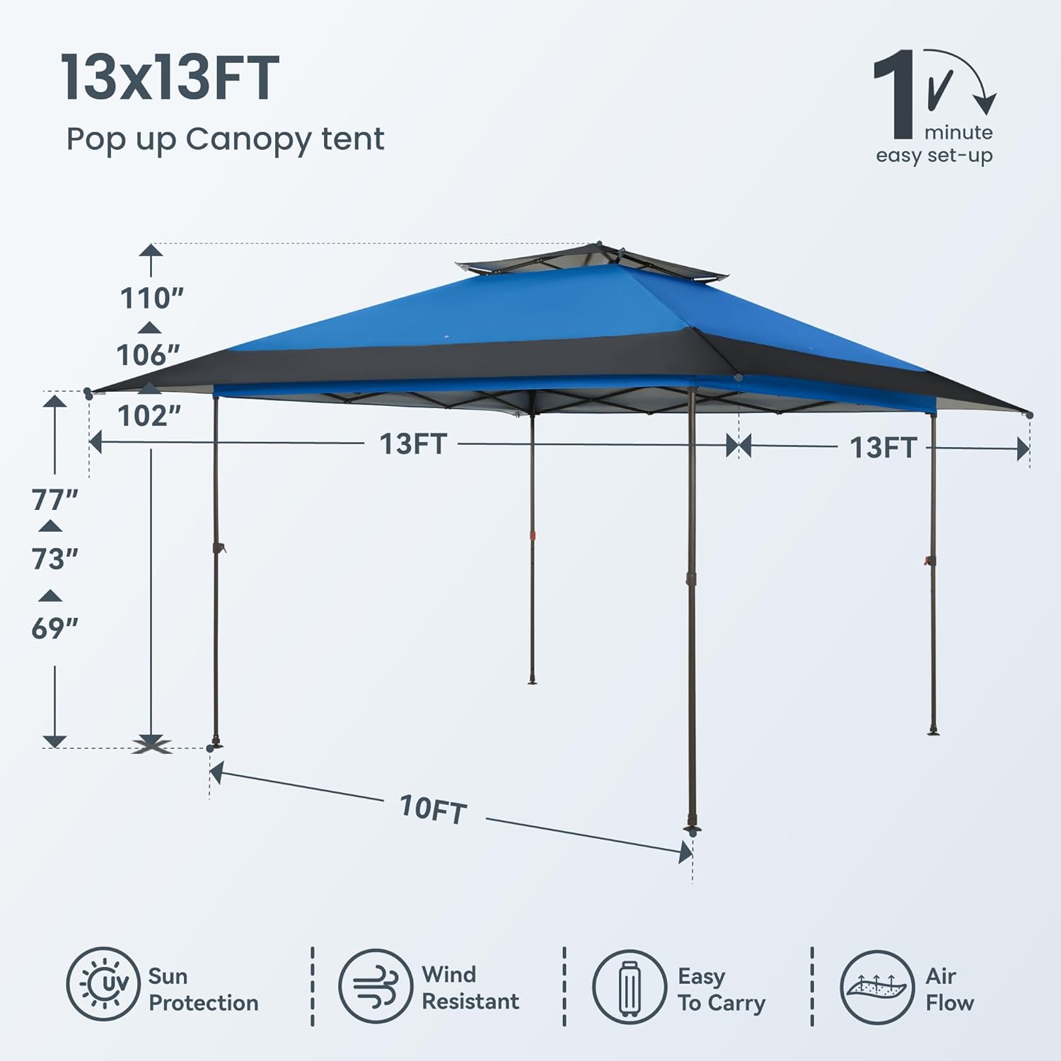PHI VILLA 13x13 Pop Up Canopy Tent Instant Outdoor Party Canopy Easy One Person Set-up Folding Shelter w/Auto Extending Eaves 169 Square Feet of Shade, Blue