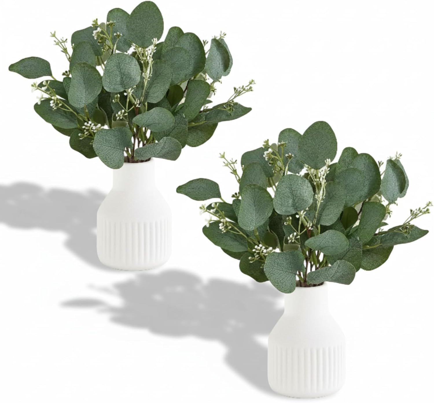 LemonRoad 2 Pack Artificial Eucalyptus Stem in Small Ceramic Vase 13" Fake Greenery Plants for Home Decor 20 Pcs Modern Indoor Fake Eucalyptus Stem for Table Centerpiece Living Room Bathroom