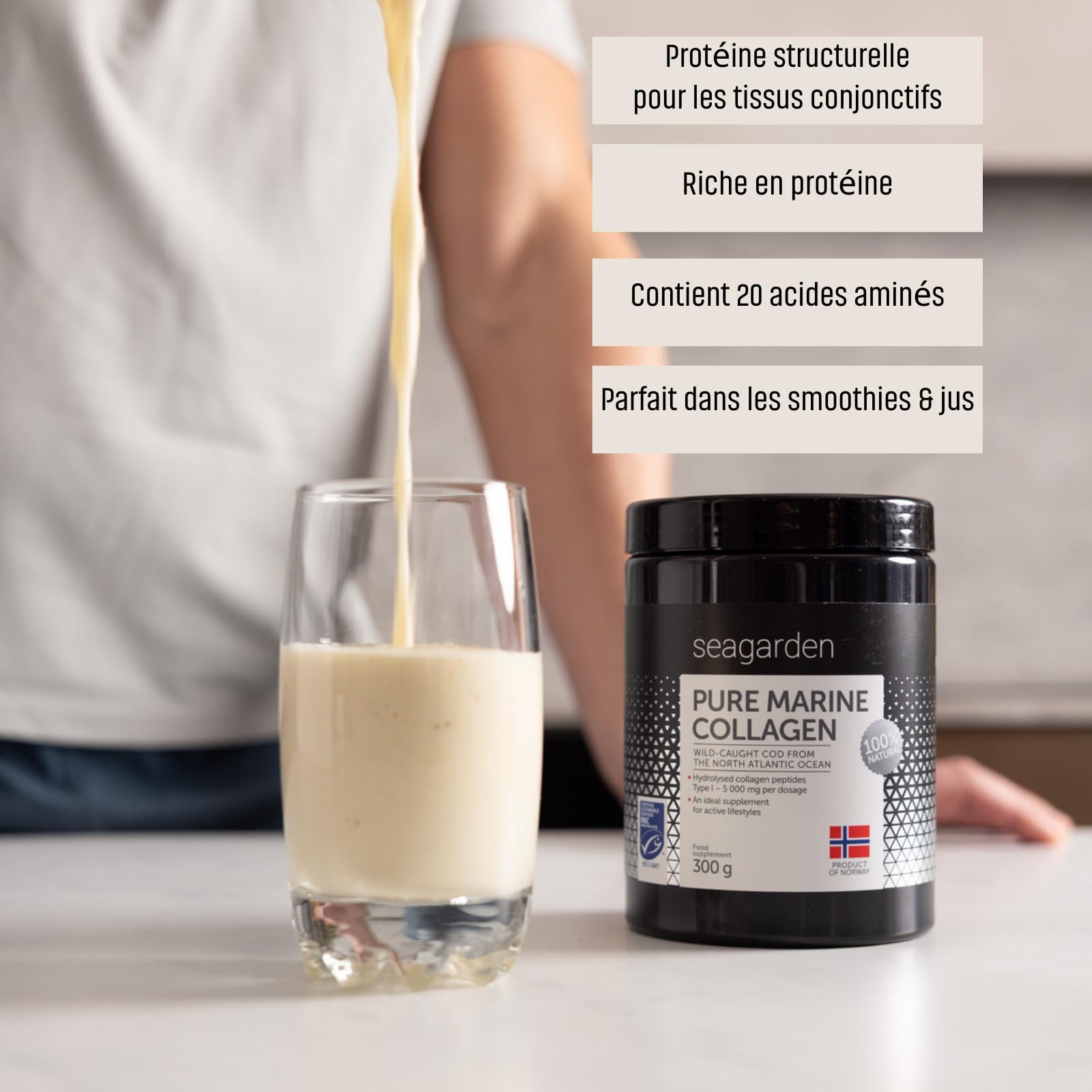 Seagarden Collagène marin en poudre pur Type I -Pour les articulations, les Os, les Muscles, la Peau - Pre Workout Booster Puissant - Non aromatisé - 300g 2 mois (Sans saveur)