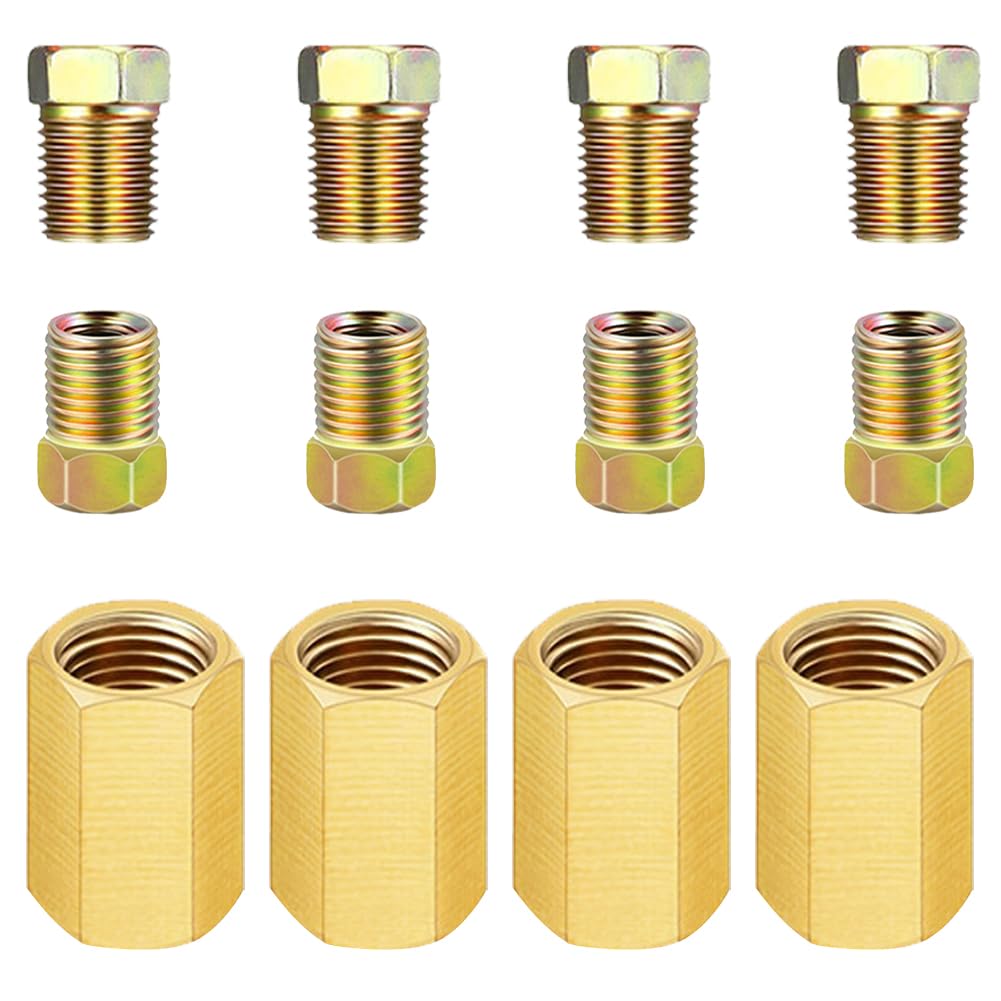 12 Pieces 3/8 Inch-24 Threads Brake Line Fittings Assortment for 3/16 Inch Brake Line Tube Brass Brake Line Fitting Assortment (4 Unions, 8 Nuts)