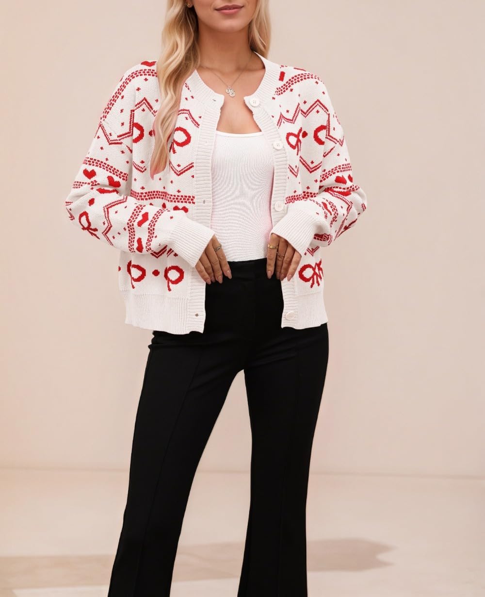 Valentine's Day Cardigan for Women Kawaii Cute Bow Heart Love Pattern Knitted Cropped Button Up Sweater Trendy Tops - Image 2