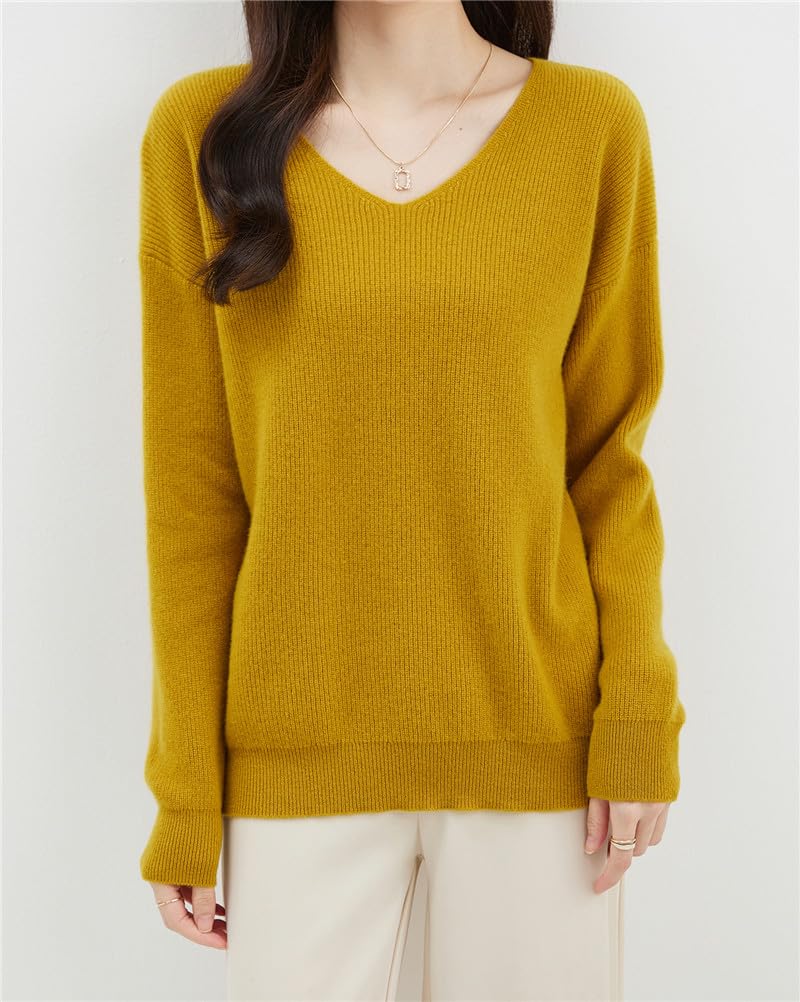 Maglione da donna con scollo a V, in lana, tinta unita, a maniche lunghe, caldo, morbido, lavorato a maglia