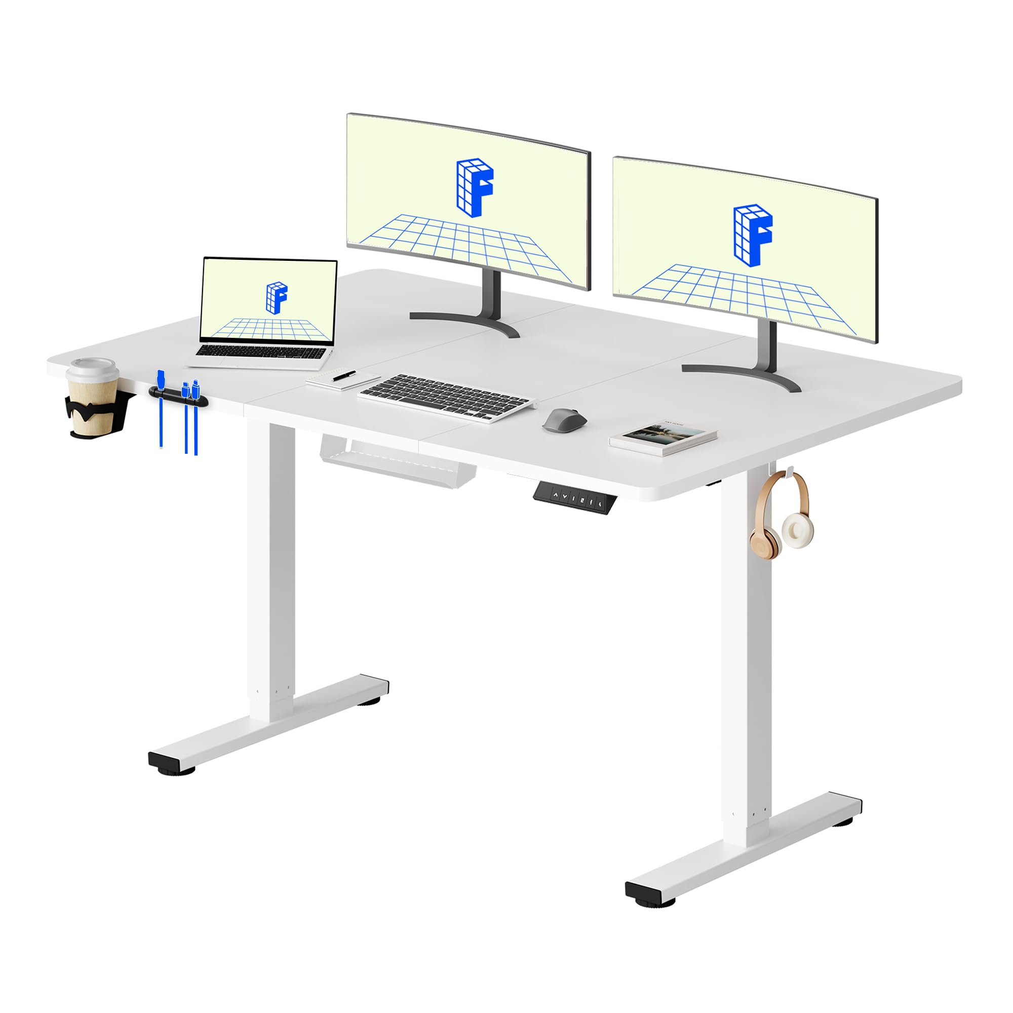 FLEXISPOT 140 x 60 cm Electric Standing Desk, Sit Stand Table Height Adjustable Desk with Backpack Hook and Memory Smart Pannel, Home Office Desk White