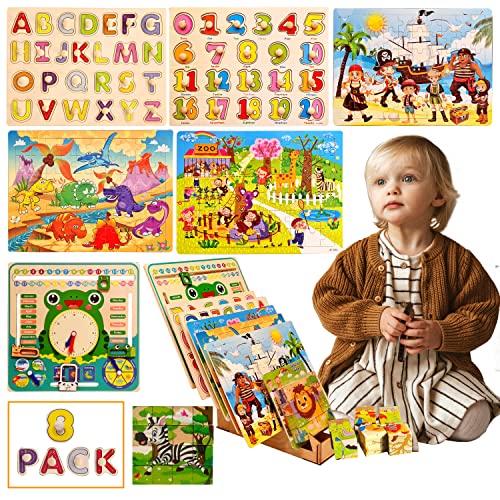 Shadzi Wooden Puzzles for Toddlers with Holder 3 years and up old Girls Boys| Educational Toy Montessori Kids 8 pack…