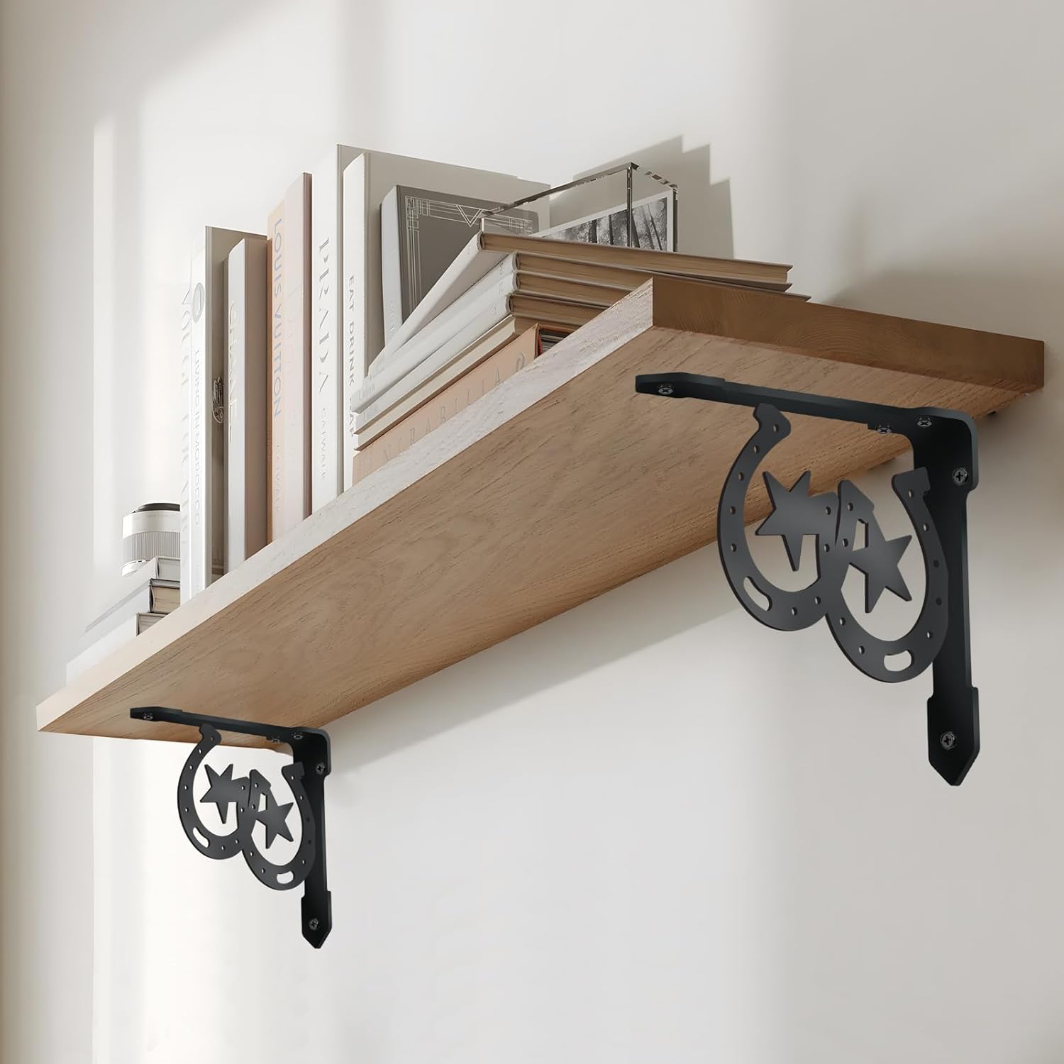 SUPERDANT 2PCS Horseshoe Shelves Brackets Heavy Duty Decorative Shelf Bracket Black Iron Wall Shelf Brackets with Screws for Kitchen Bookshelf Fireplace Mantel Corbels Corner Brace Gifts
