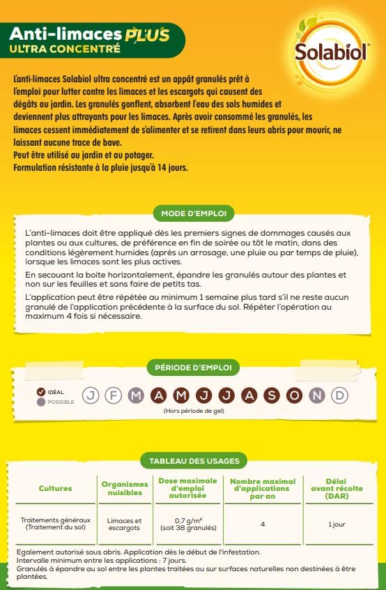 Anti-Limaces & Escargots Solabiol - Protège le Potager et le Jardin - Ultra concentré PLUS - Etui de 750g - Jusqu'à 1075 m² de surfaces traitées - Grande résistance à la pluie - SOLIMAPLUS750 — vue 3