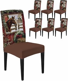 Dining Chair Covers Set of 6, Winter Christmas Horse Red Farm Wooden Barn Soft Stretch Kitchen Seat Covers, Holly Branch Leaves Removable Washable Chair Protector for Home Restaurant Banquet