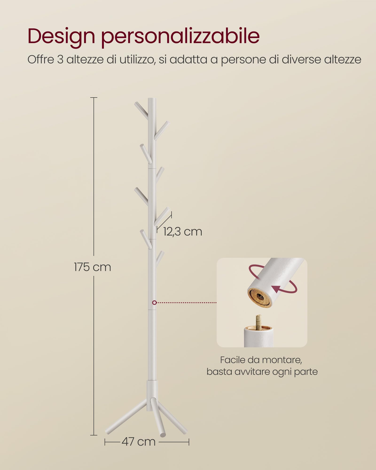 Attaccapanni Da Terra VASAGLE - 8 Ganci In Legno Regolabili, Design Moderno - Foto 7