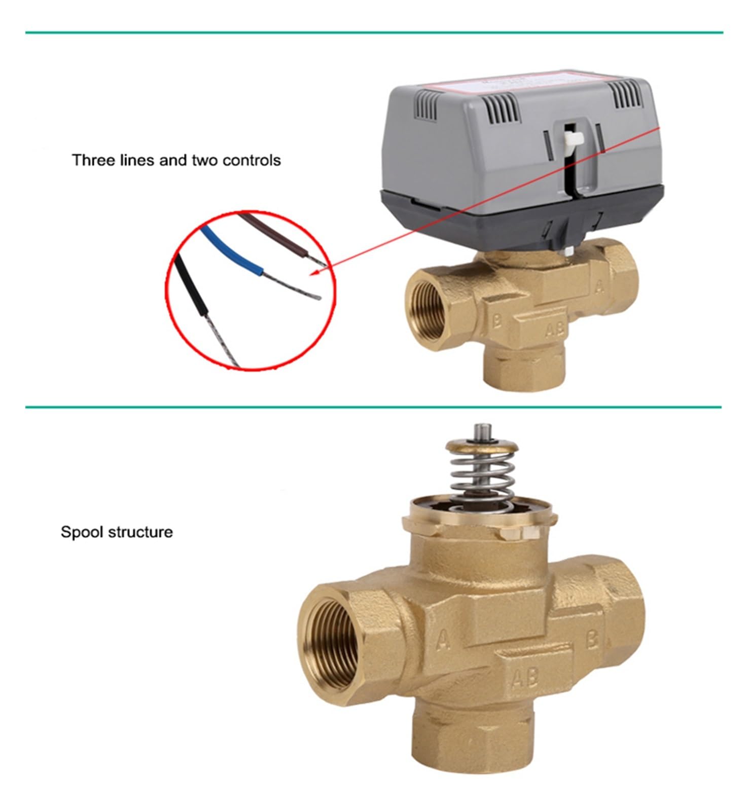 Válvula de control Válvula eléctrica de latón VC6013 de tres vías motorizada, válvula eléctrica AC, 1/2 ", 3/4", 1 ", para un control preciso(DN25)