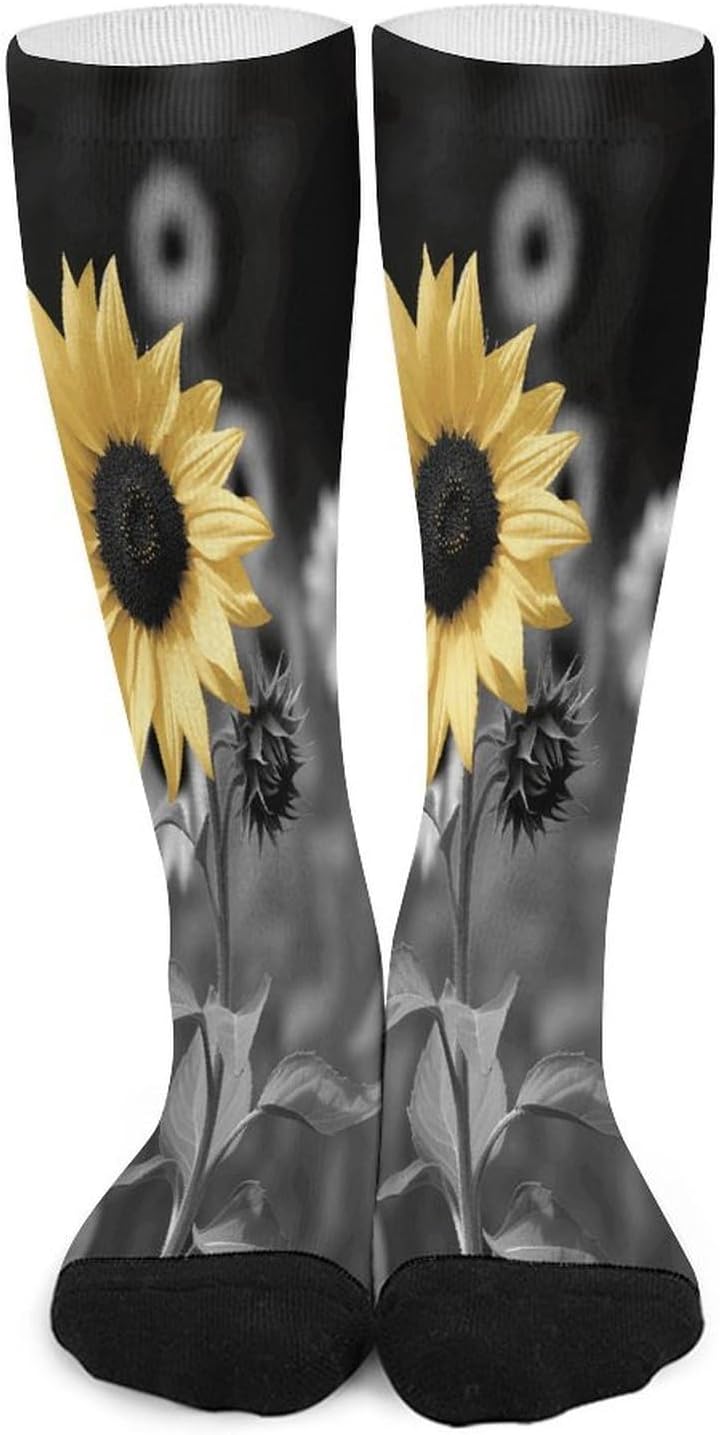 Black And White Sunflowers Crew Socks Calf Socks Athletic Crew Sock