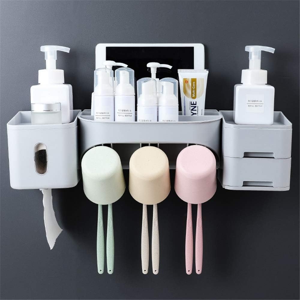Toothbrush Holder Wall Mounted Hair Dryer Rack Toothpaste Dispenser with 2/3/4 Cups Stand Automatic Practical Rack