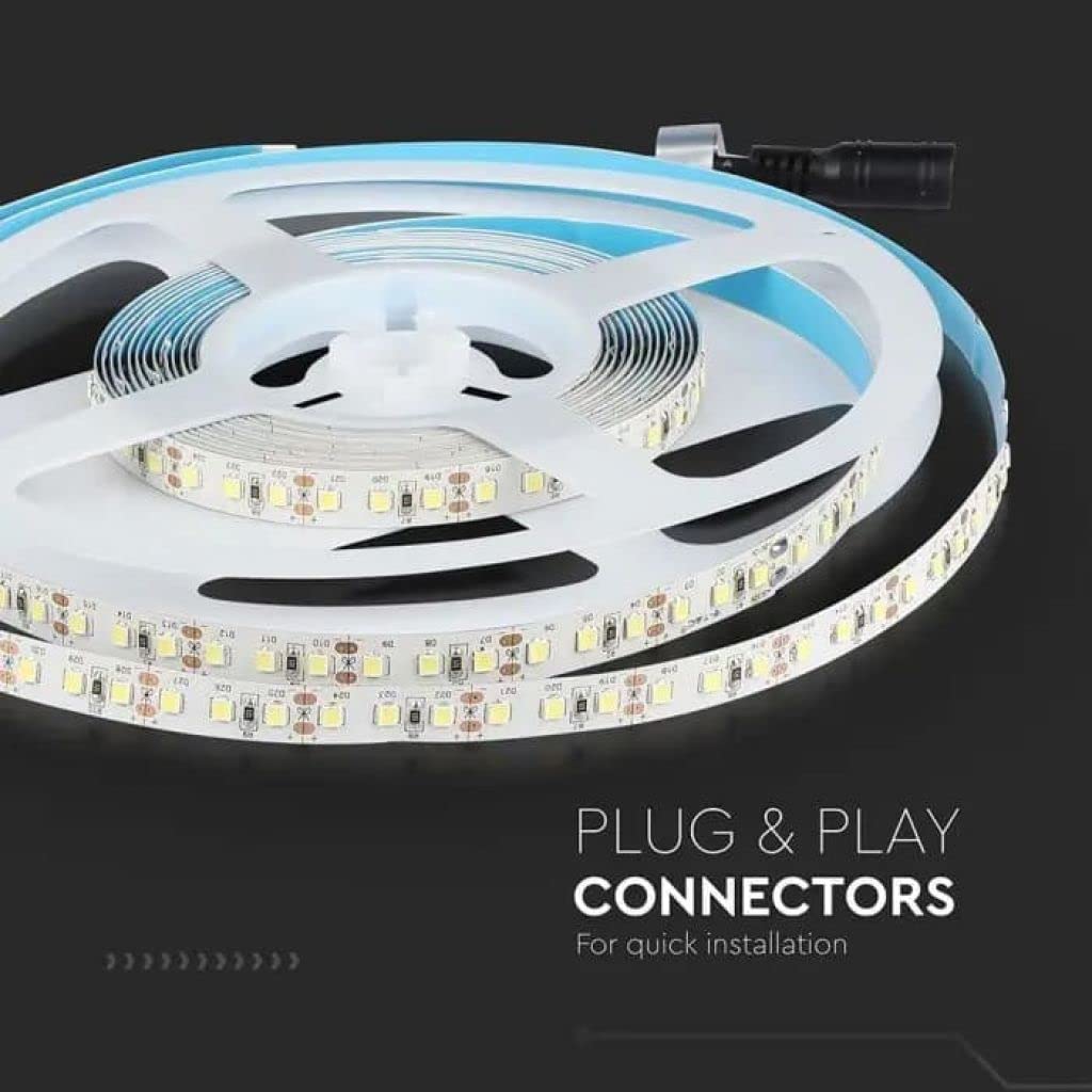 V-TAC Ruban LED bobine de 5 mètres 12 W au mètre ruban lumineux SMD 2835 Couleur de la lumière blanche naturelle 4000 K d'intérieur avec bande adhésive, alimenté à 12 V.