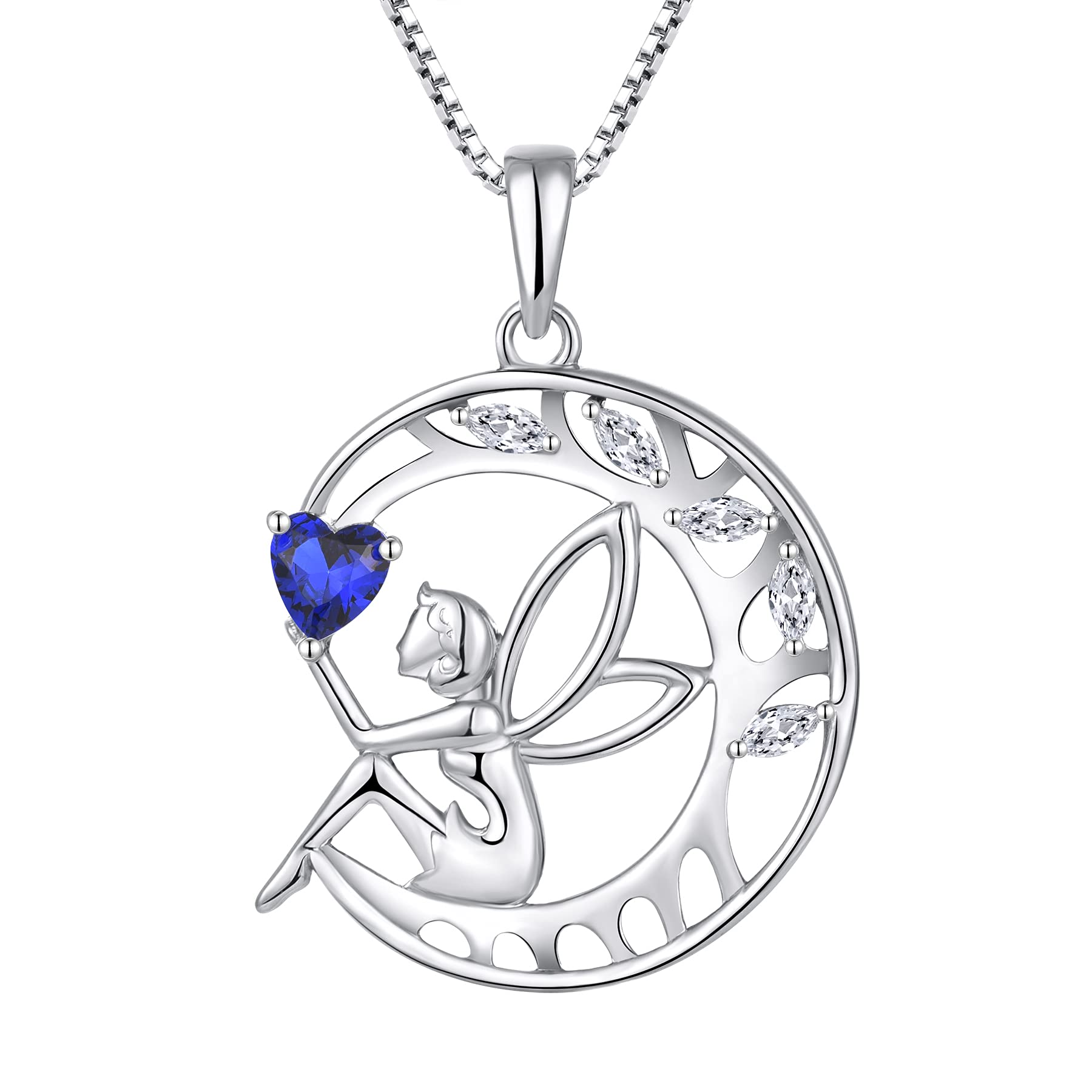 FJ Collana Donna Angelo Custode Argento 925 Collana Albero della Vita Ciondolo Luna Fata Collana Pietra Portafortuna Zirconia Cubica Gioielli Regalo per Donna