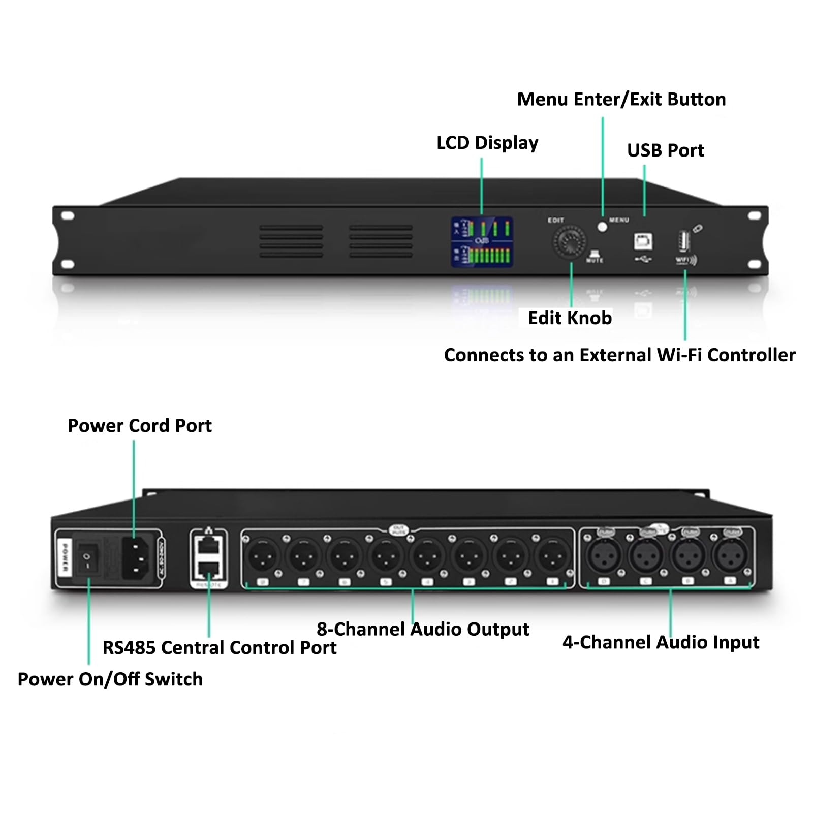 Equalizzatore Audio Digitale Fir a 4 Ingressi E 8 Uscite, Processore Anti-ululato Professionale, Display a LED, Debug Tramite Software per PC, Ingresso/Uscita XLR Bilanciati