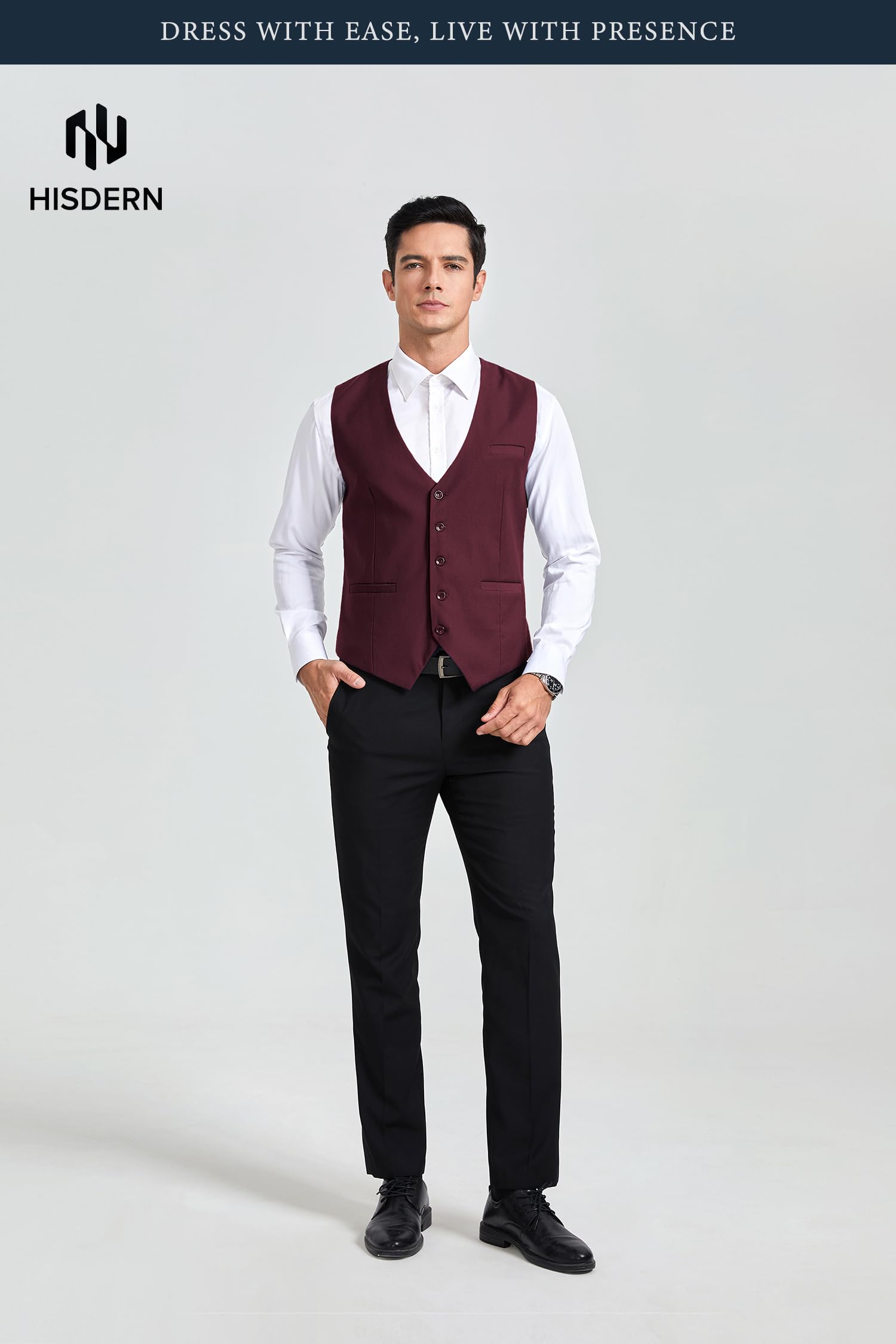 HISDERN Chaleco de Vestir para Hombre Chalecos de Traje Hombres Chaleco de Algodón para Formal Fiesta de Boda Borgoña L