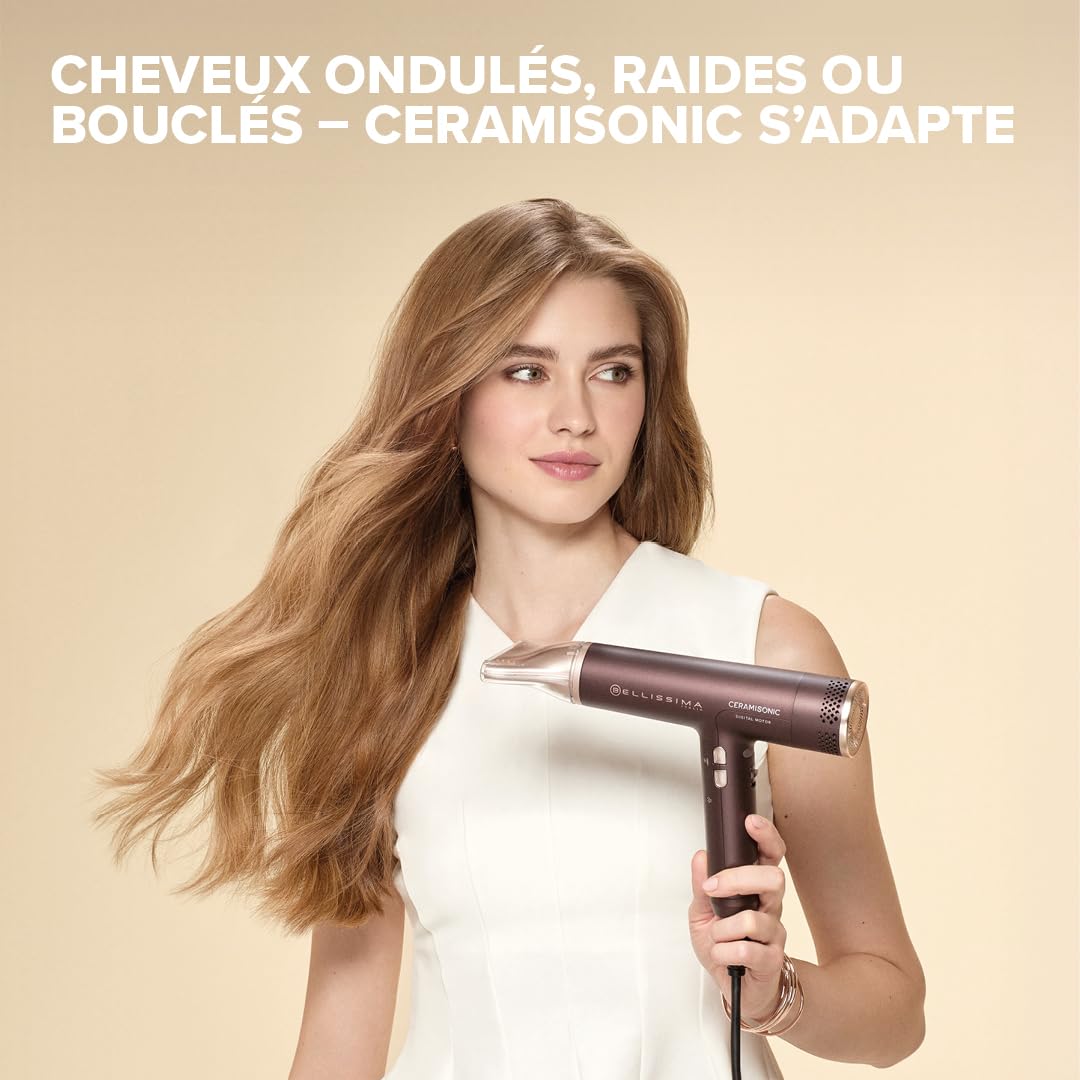 Bellissima – Sèche Cheveux Numérique CERAMISONIC 21014 – Moteur Haute Vitesse – Flux Air 228 Km/H – Ion Ceramic Anti Frisottis – Accessoire Cheveux Léger Silencieux – Diffuseur Embout Précision
