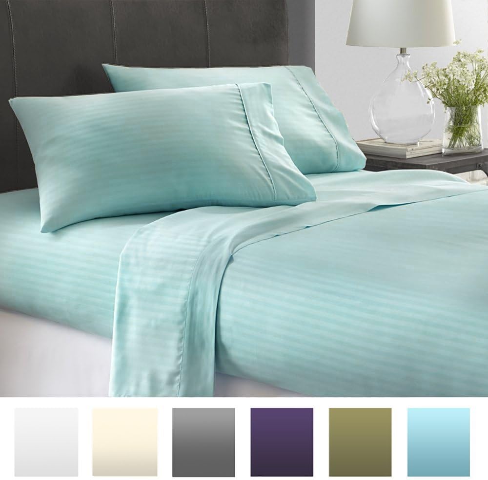 Beckham Hotel Collection Luxury Embossed Stripe Design 4Pc Bed Sheet Set - Queen - Aqua/Stripe