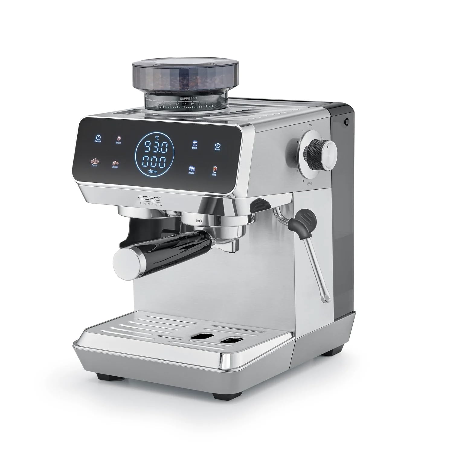 CASO EspressoGourmet & Grind Sitko ze stali nierdzewnej z mechanizmem mielącym, pompa Ulka 20 bar, wyświetlacz dotykowy, Thermoblock, funkcja wstępnego zaparzania, lanca parowa, zbiornik na wodę 1,8 l