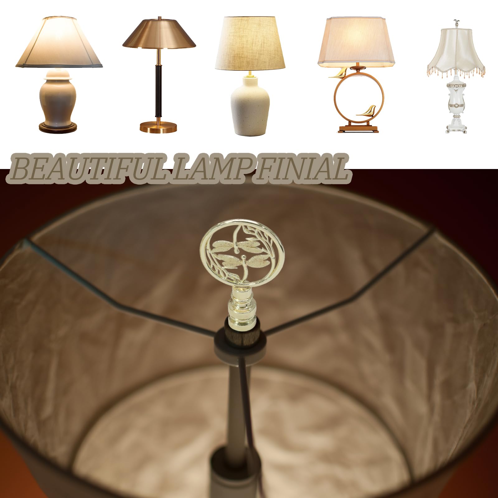 Paquete de 2 remates de lámpara de libélulas dobles, acabado decorativo dorado para pantallas de lámpara, perillas ahuecadas para lámpara de mesa, lámpara de pie, decoración de lámpara 5