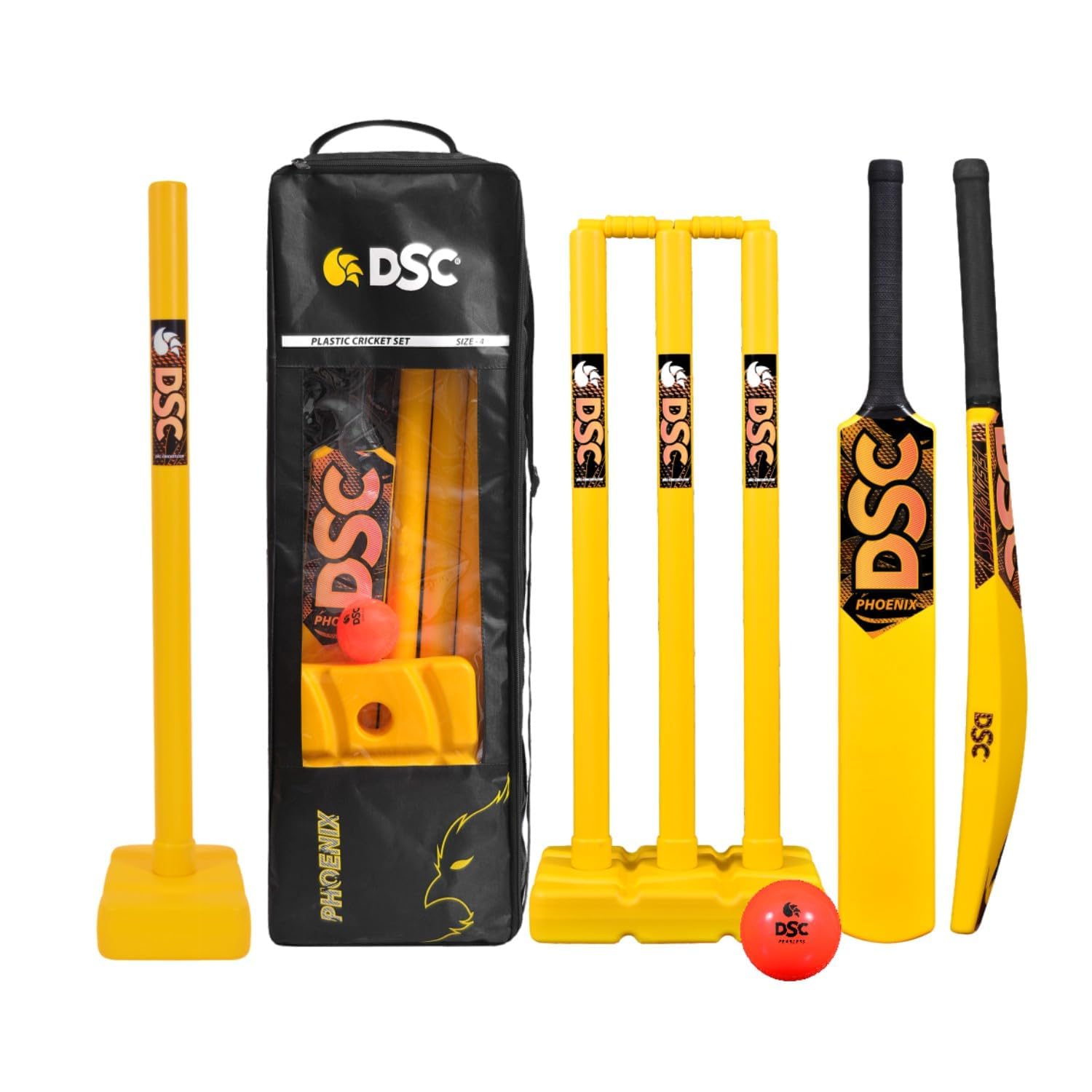 DSC Phoenix Plastic Cricket Set - Ideal for Tennis and Gully/Turf Cricket, Size-2 (4-6 Yrs) (1 Plastic Bat + 4 Plastic Stumps + 2 Base + 2 Bails + 1 PVC Ball) (B0CR6LPGWX) Amazon Price History, Amazon Price Tracker
