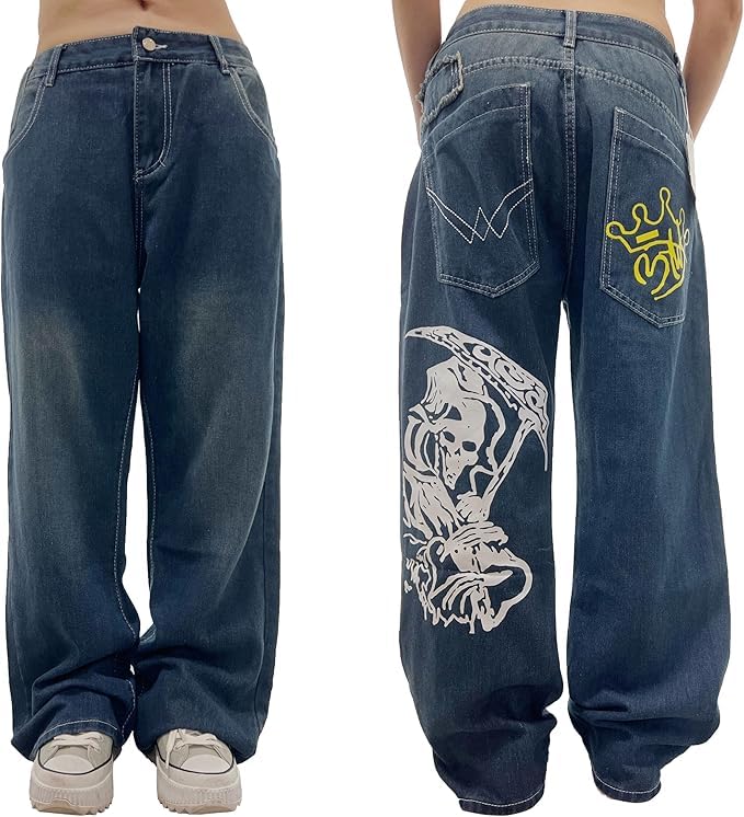 Unisex Y2K Hip Hop Street Jeans Skeleton Printed Gothic Baggy Jeans Vintage High Waist Denim Jeans Wide Leg Pants (Blue,XL,X-Large)2