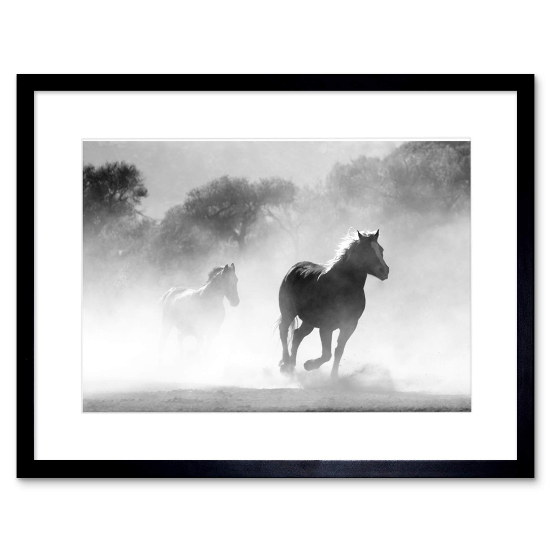 Horses Running Mist BW Framed Wall Art Print