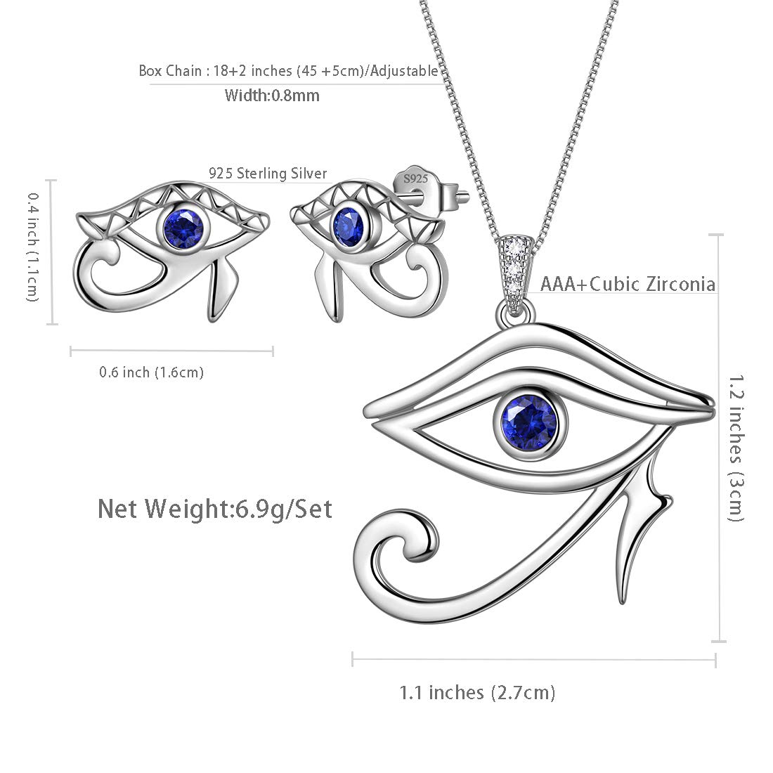 Aurora Tears Egyptian Eye of Horus Necklaces/Stud Earrings/Jewelry Set 925 Sterling Silver Evil Eye Pendant/Earring/Set Jewelry for Men and Women
