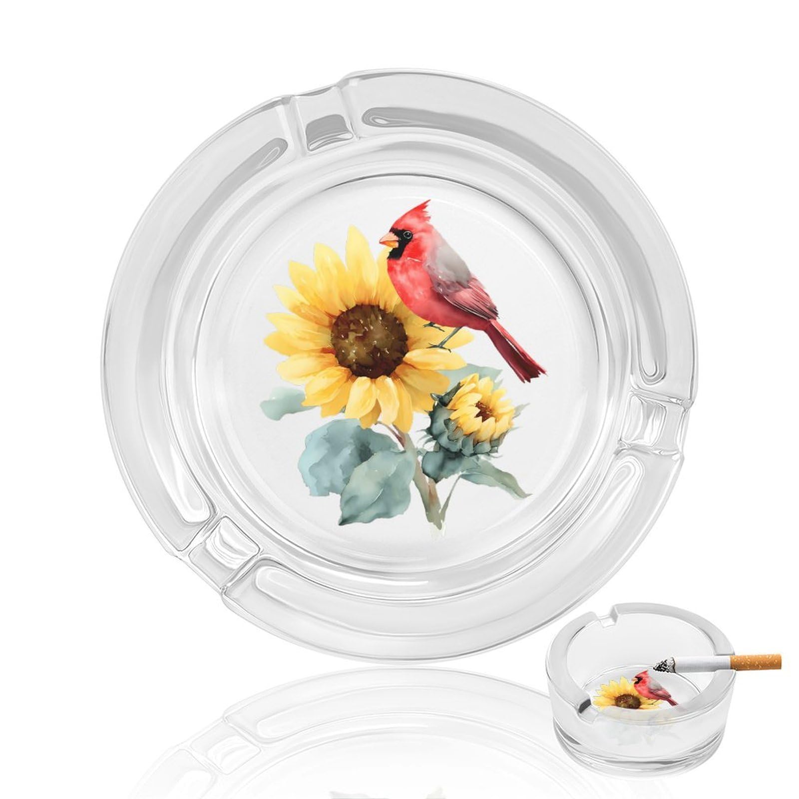 Watercolor Sunflower Cardinal Bird Ashtray Portable Round Glass Outdoor Ash Tray for Home Office Garden Pub